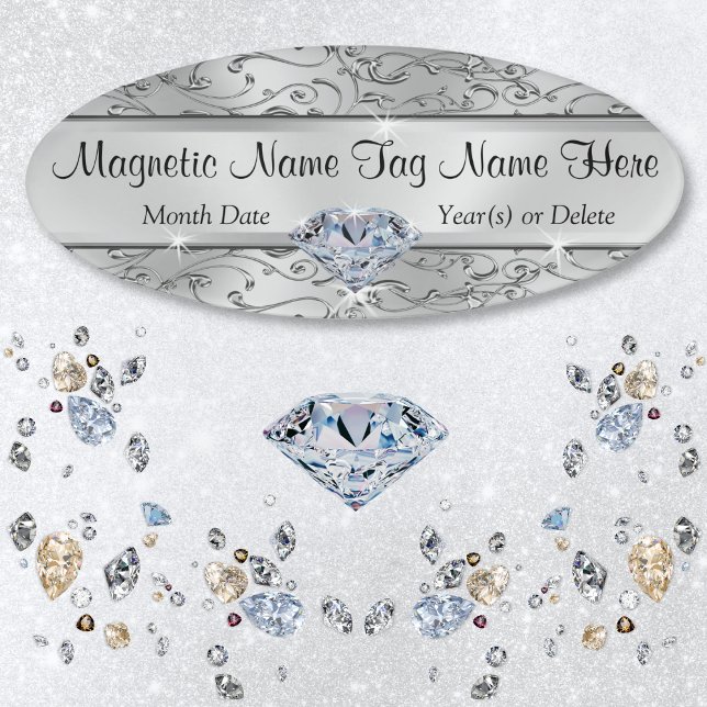 Beautiful Personalised Magnetic Name Tags Badges (Magnetic Name Tags. Personalized Name Tags for Any Occasion. Diamond Anniversary, Wedding Name Tags.)