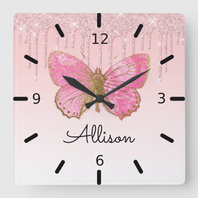 Beautiful Personalized Pink Butterfly Square Wall Clock (Front)