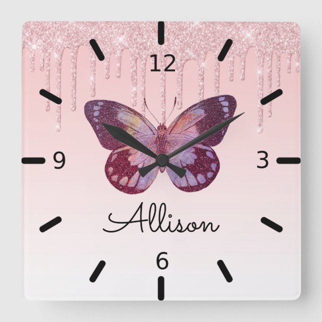 Beautiful Personalized Purple Butterfly Square Wall Clock (Front)