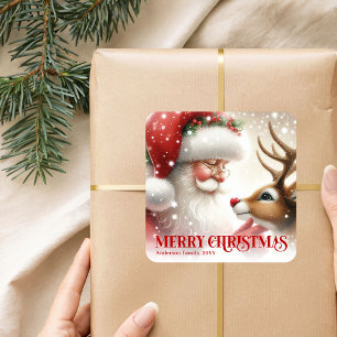 Beautiful Personalized Santa and Rudolph Holiday Square Sticker