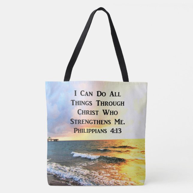 BEAUTIFUL PHILIPPIANS 4:13 SCRIPTURE PHOTO TOTE BAG (Front)