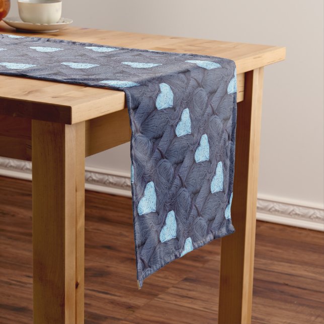 Beautiful photograph of blue wool heart short table runner (In Situ)