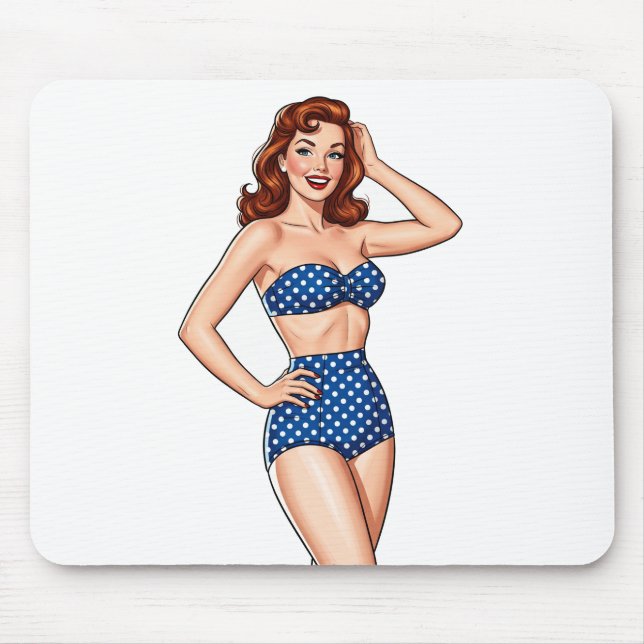Beautiful Pin-up red haired woman in blue swimsuit Mouse Mat (Front)