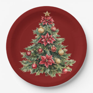 Beautiful Pine Tree Red Christmas Paper Plate