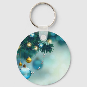 Beautiful Pine Tree With Blue Christmas Ball Key Ring