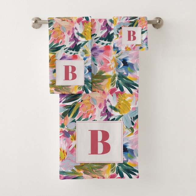 Beautiful Pink Abstract Botanical Monogrammed Bath Towel Set (Insitu)