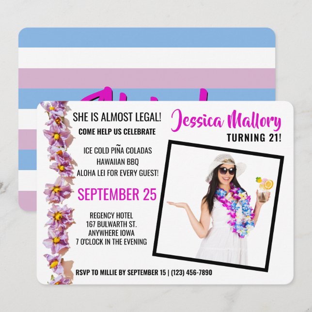 Beautiful Pink and Blue Aloha Birthday Party Invitation (Front/Back)