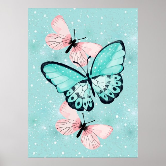Beautiful Pink and Blue Butterflies Poster (Front)