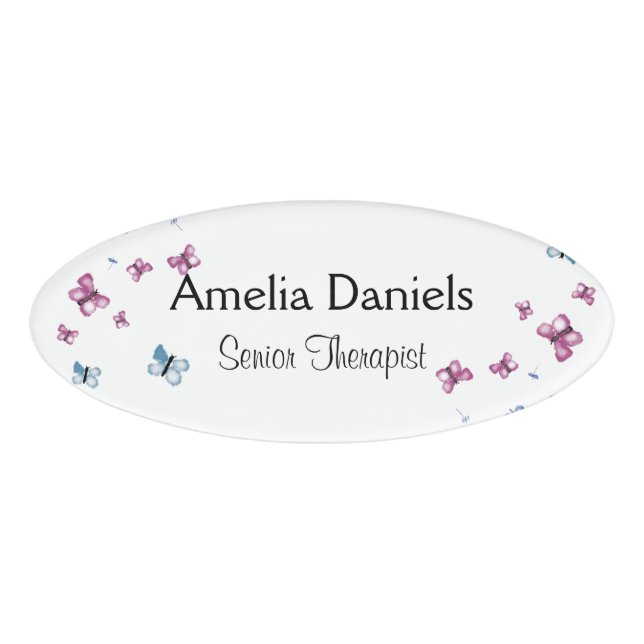 Beautiful Pink and Blue Butterfly Name Tag (Front)
