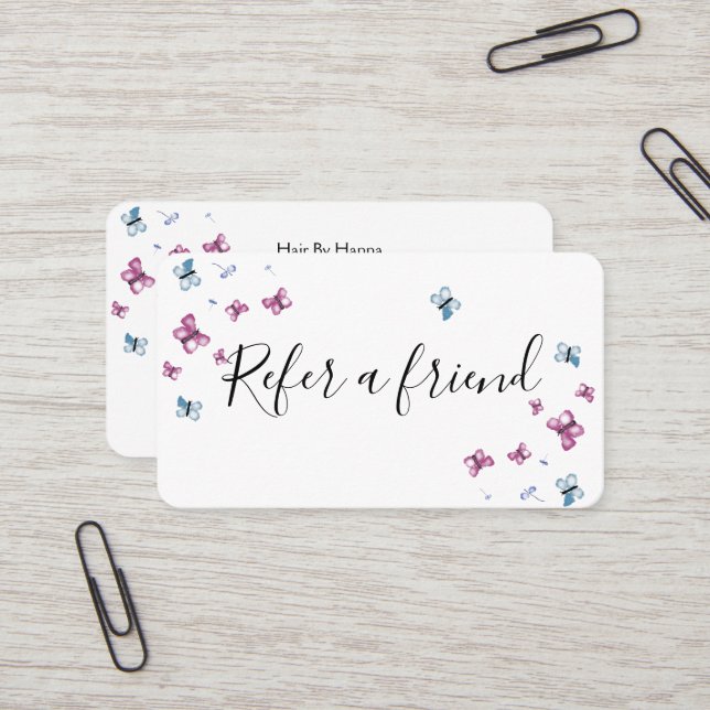 Beautiful Pink and Blue Butterfly Referral Card (Front/Back In Situ)
