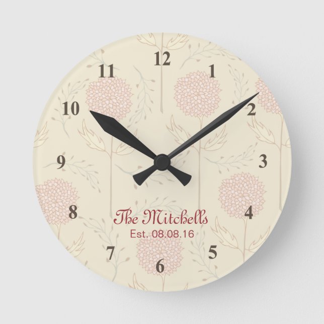 Beautiful Pink and Brown Floral Round Clock (Front)