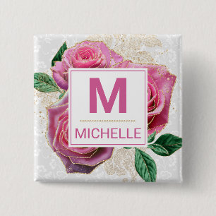 Beautiful Pink and Gold Glam Roses Monogram 15 Cm Square Badge