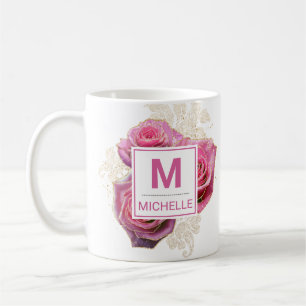 Beautiful Pink and Gold Glam Roses Monogram Coffee Mug