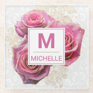 Beautiful Pink and Gold Glam Roses Monogram Glass Coaster