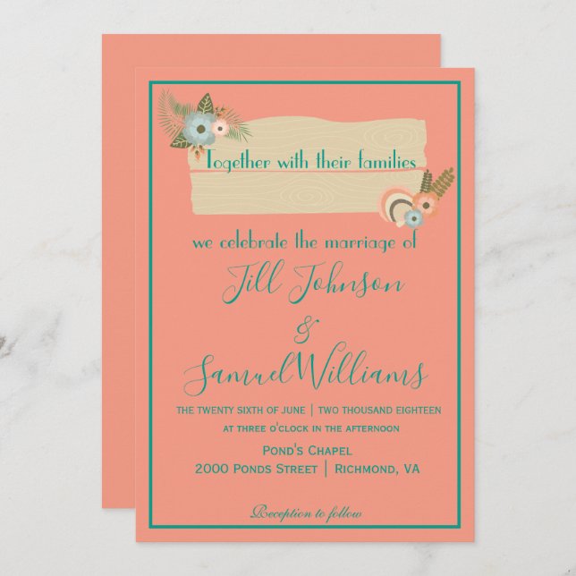 Beautiful Pink and Green Coastal Beach Wedding Invitation (Front/Back)