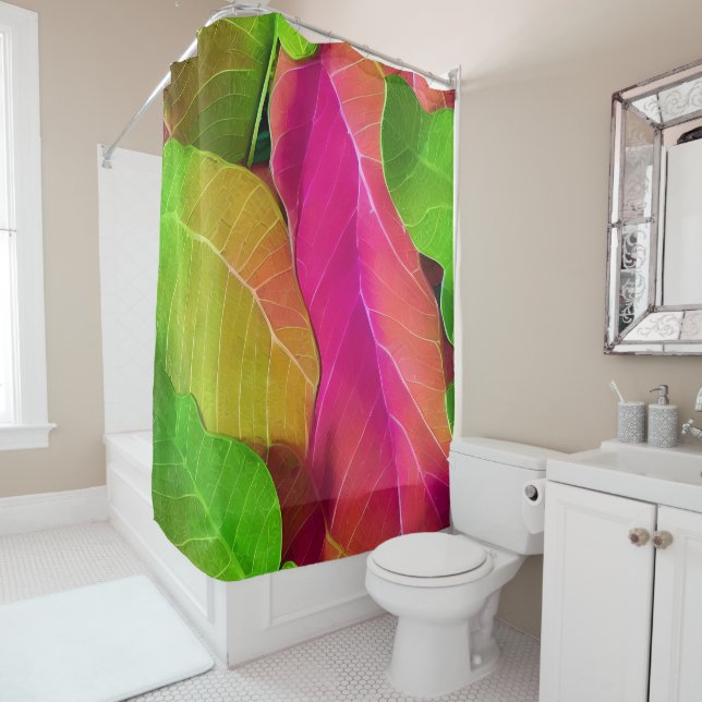 Beautiful Pink and Green Leafy Pattern  Shower Curtain (In Situ)