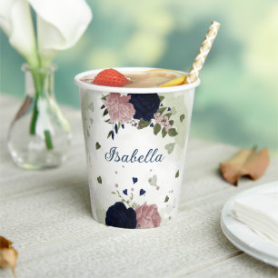 beautiful pink and navy blue flowers paper cups