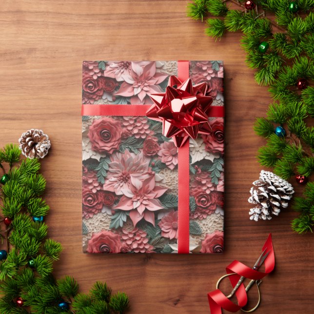 Beautiful Pink and Red 3D Poinsettias Wrapping Paper (Holiday Gift)