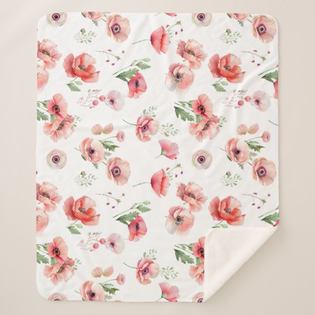 Beautiful pink and red poppy flower design  sherpa blanket (Front)