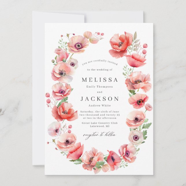Beautiful pink and red poppy flower design Wedding Invitation (Front)