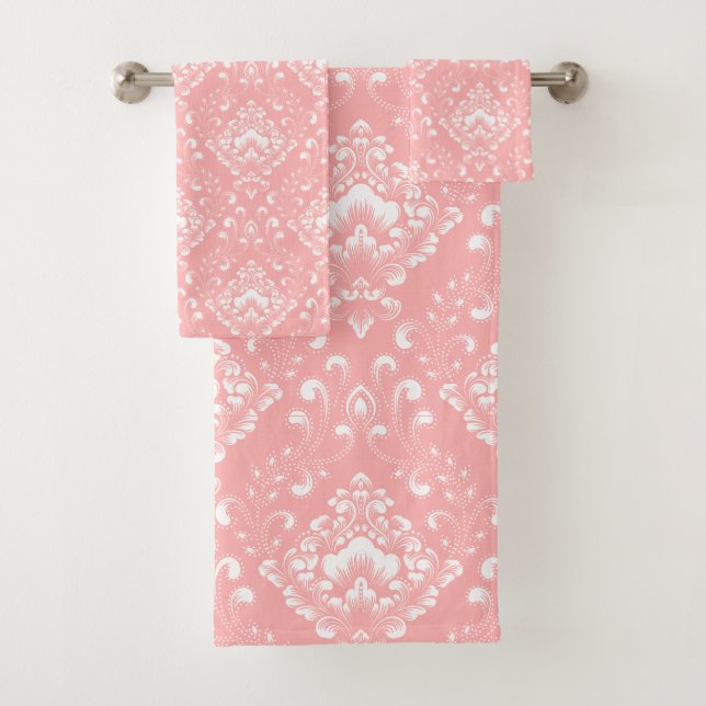 Beautiful pink and white floral pattern bath towel set (Insitu)