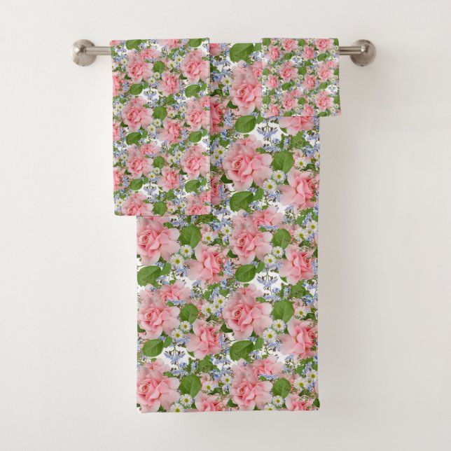 Beautiful Pink and White Flowers Bath Towel Set (Insitu)