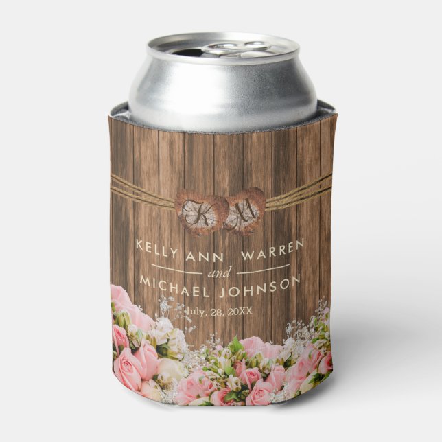 Beautiful Pink and White Roses on Wood Can Cooler (Can Front)