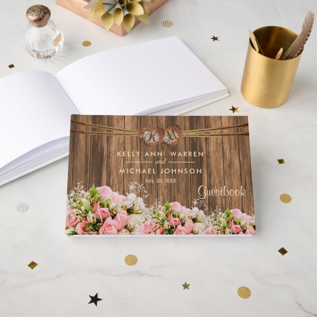 Beautiful Pink and White Roses on Wood - Guestbook (Front Open)