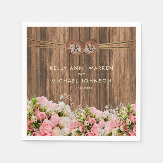 Beautiful Pink and White Roses on Wood Napkin (Front)