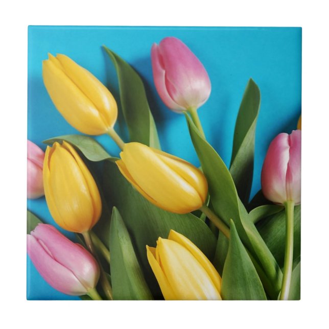 Beautiful pink and yellow spring tulips tile (Front)