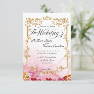 beautiful pink background with gold floral border  invitation