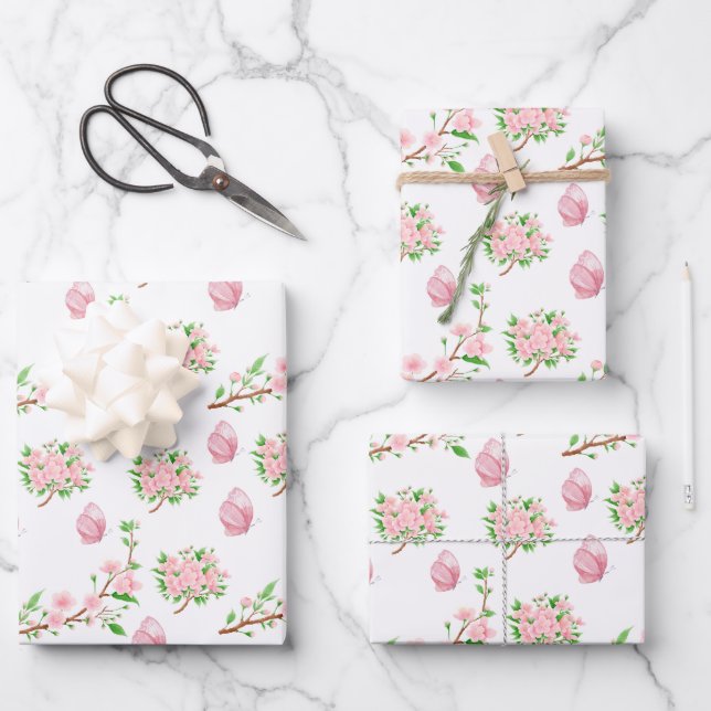 Beautiful Pink Blossoms and Pink Butterflies Wrapping Paper Sheet (Front)