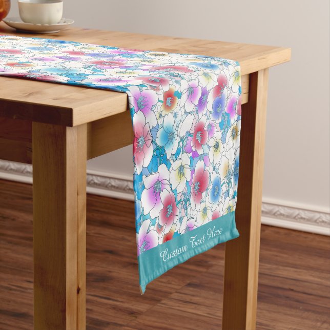 Beautiful Pink Blue Floral Artwork Personalised Short Table Runner (In Situ)