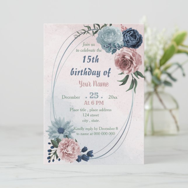 beautiful pink blue floral geometric birthday  invitation (Standing Front)