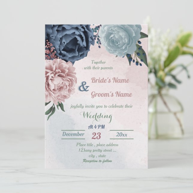 beautiful pink blue floral greenery wedding invitation (Standing Front)