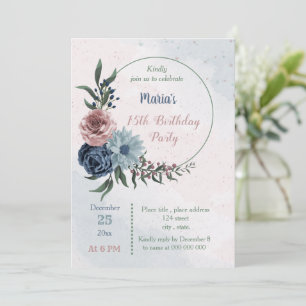 beautiful pink blue floral wreath birthday party invitation