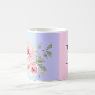 Beautiful Pink Blue Striped Floral Monogram Name Coffee Mug