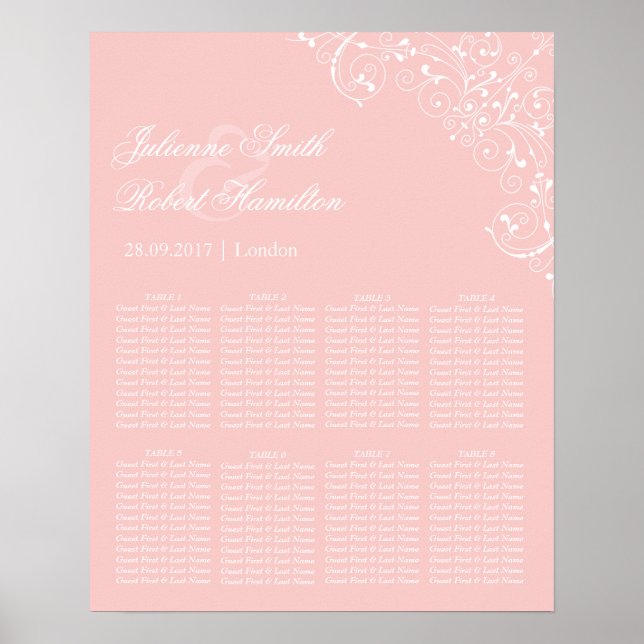 Beautiful Pink Blush Vintage Wedding Seating Chart (Front)