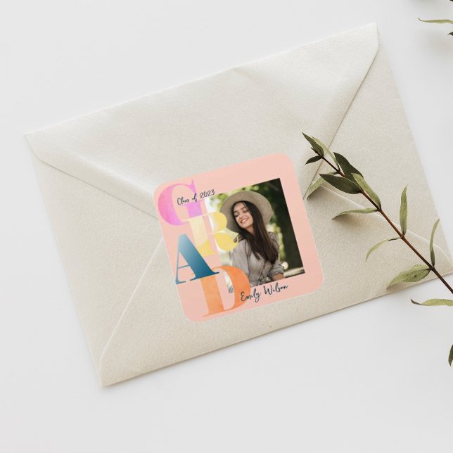 Beautiful Pink Bold Font Photo 2024 Graduation Square Sticker (Creator Uploaded)