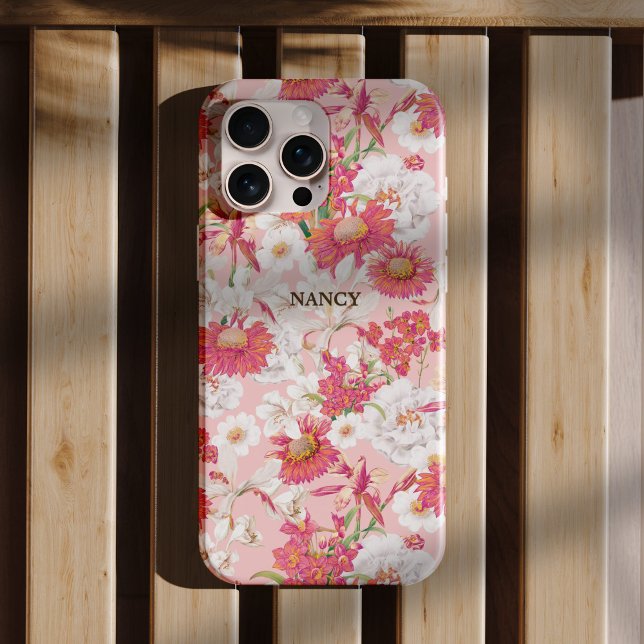 Beautiful Pink Botanical Floral Garden Name Custom Case-Mate iPhone Case (The pretty, beautiful botanical garden blooming in spring in pink color tone on custom phone case)