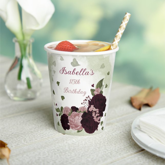 beautiful pink burgundy flowers greenery paper cups (Insitu)