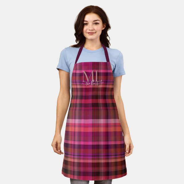 Beautiful pink burgundy red purple tartan plaid  apron (Worn)