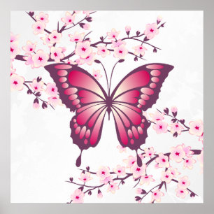 Beautiful Pink Butterfly And Cherry Blossoms Poster