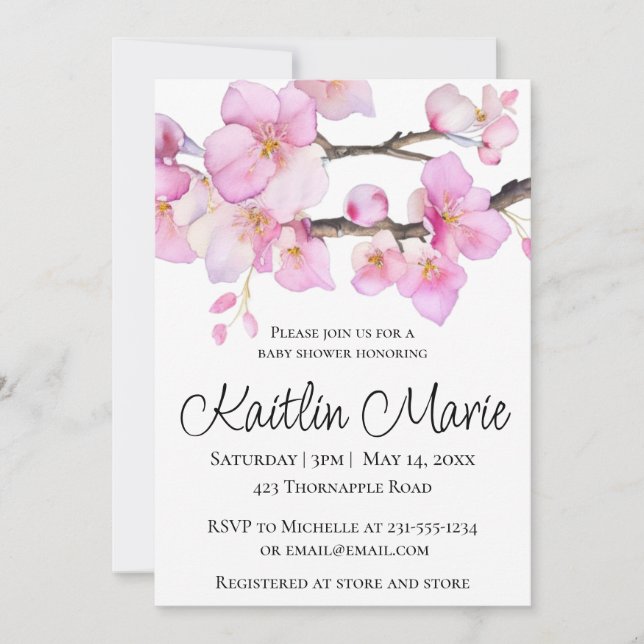 Beautiful pink cherry blossoms calligraphy script invitation (Front)