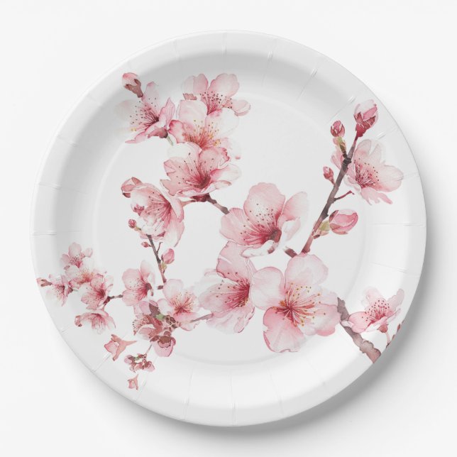 Beautiful Pink Cherry Tree Blossoms Paper Plate (Front)