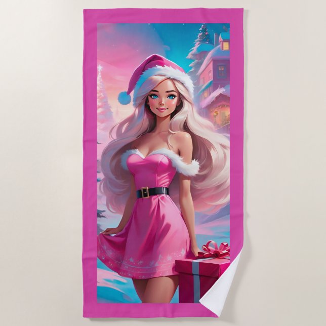 Beautiful Pink Christmas Girl 01 Beach Towel (Front)