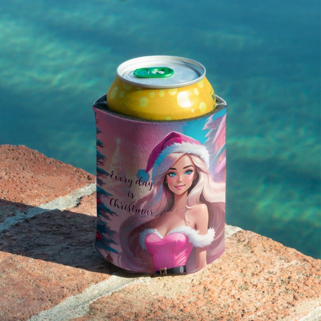 Beautiful Pink Christmas Girl 01 Can Cooler (In Situ Pool)