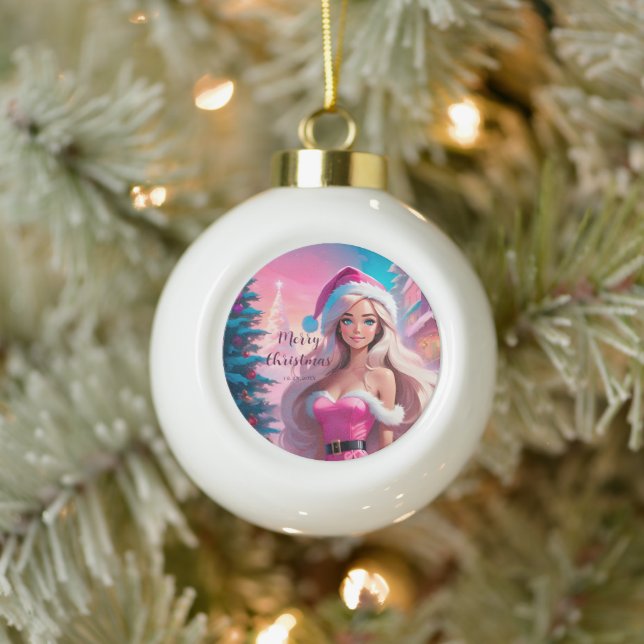 Beautiful Pink Christmas Girl 01 Ceramic Ball Christmas Ornament (Tree)
