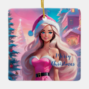 Beautiful Pink Christmas Girl 01 Ceramic Ornament