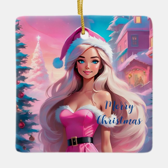 Beautiful Pink Christmas Girl 01 Ceramic Ornament (Front)